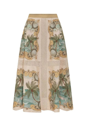 Farm Rio Royal Sea Multicolor Crochet Detail Midi Skirt