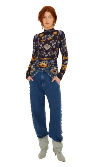 Farm Rio Golden Nature Navy Blue Jersey Blouse