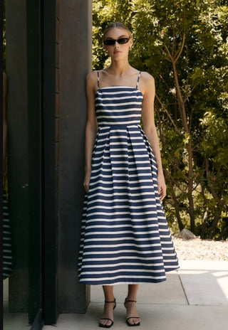 Striped Pleated Midi Dress NAVY/WHITE / XS