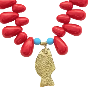 Hoopla Lucky Fish- Kitsch And Sea- Resin Bead Statement Necklace - Raspberry