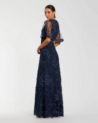TS Mac Duggal Navy Flutter Sleeve Floral Embroidered Net Gown