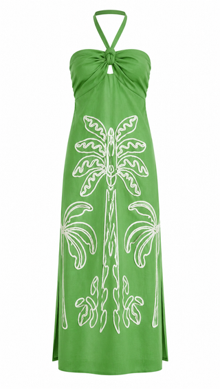 Farm Rio Green Palm Tree Embroidery Sleeveless Midi Dress