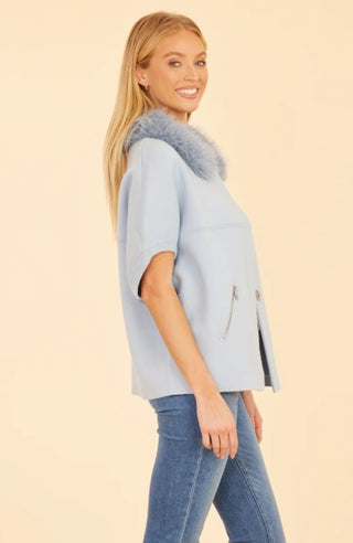 Dolce Cabo Faux Fur Collar Short Sleeved Baby Blue Cardigan