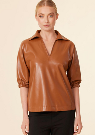 Dolce Cabo Leather V Neck Top /  2 Color Options
