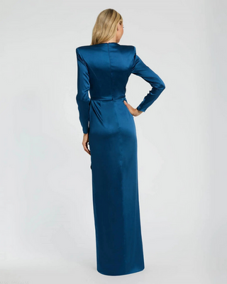 TS Mac Duggal Blue Long Sleeve Satin Structured Bow Draped Column Gown