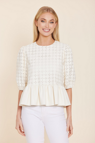 Dolce Cabo Faux Leather Peplum Eyelet Top in Creme