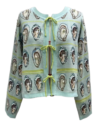 Queen Of Sparkles Pale Blue & Green Oyster Tie Up Sweater