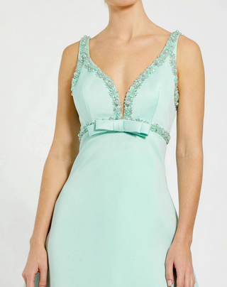 TS Mac Duggal Green Hand Beaded Detail A-Line Mini Dress