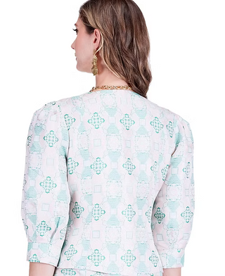 Jade Cropped Puff Sleeve Jacket in Antique Jacquard