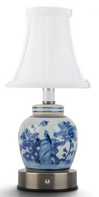 Porcelain Rechargable Blue & White Lamp / Blue Flower & Bird Motif