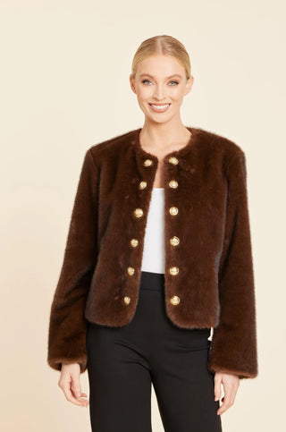 Dolce Cabo Faux Fur Gold Button Chocolate Jacket