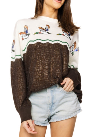 Queen Of Sparkles Brown & Ivory Colorblock Duck Rhinestone Sweater