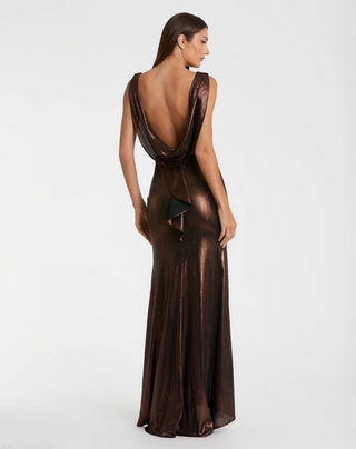 TS Mac Duggal Brown Metallic Jersey Cowl Back Column Gown