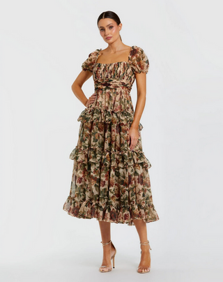 TS Mac Duggal Beige Chiffon Ruffle A Line Midi Dress with Puff Sleeves