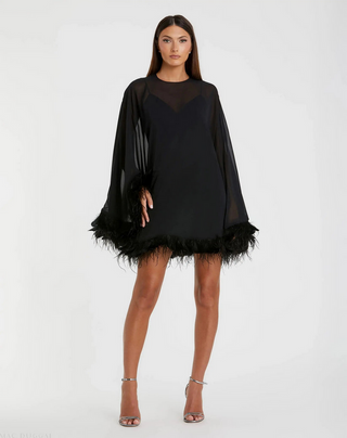 TS Mac Duggal Black Trapeze Feather Trim Mini Dress