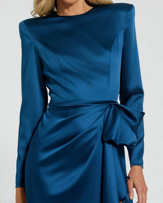TS Mac Duggal Blue Long Sleeve Satin Structured Bow Draped Column Gown