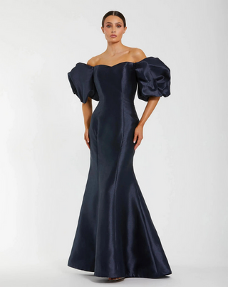 TS Mac Duggal Navy Sweetheart Off The Shoulder Puff Sleeve Gown