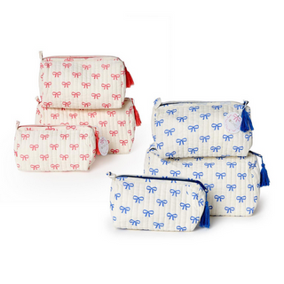 Two's Company Large Coquette Bow Block Printed Cotton Quilted Cosmetic and Accessory Bags Lined in a Waterproof Material