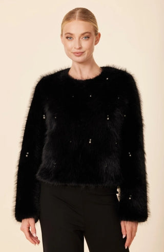 Dolce Cabo Embellished Pearl and Rhinestone Faux Fur Jacket