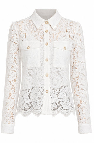 Dolce Cabo White Floral Lace Pearl Button Longsleeve Blouse