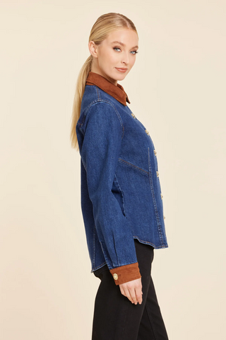 Dolce Cabo Faux Suede Trimmed Denim Shirt Jacket