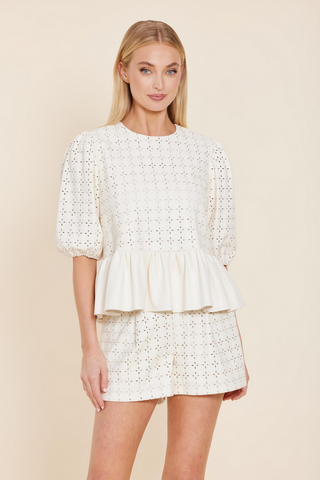 Dolce Cabo Faux Leather Eyelet Shorts in Creme
