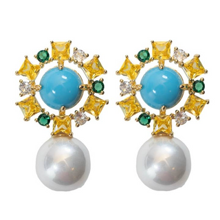 St. Armands Designs Palm Beach Glam Vintage Pearl Turquoise Statement Earrings