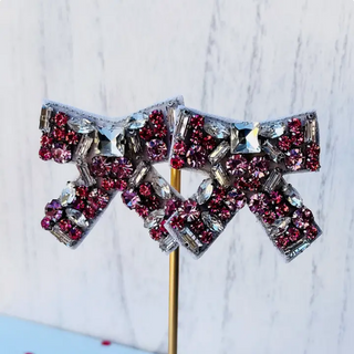 Monkee Collection Pink Bows Jeweled Statement Earrings