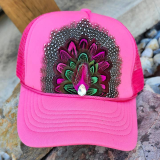 Monkee Collection Hot Pink Feather Trucker Hat Feather Crown Hat