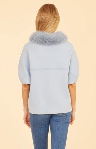 Dolce Cabo Faux Fur Collar Short Sleeved Baby Blue Cardigan