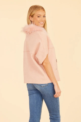 Dolce Cabo Faux Fur Collar Short Sleeved Blush Cardigan