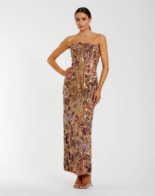 TS Mac Duggal Gold Floral Embellished Strapless Column Dress