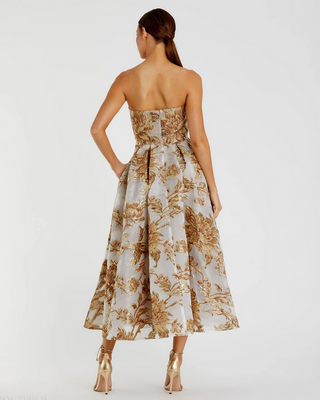 TS Mac Duggal Gold Strapless Brocade Midi Dress with Pockets