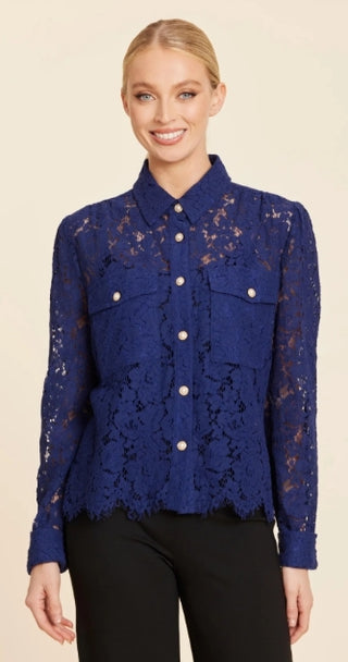 Dolce Cabo Blue Floral Lace Pearl Button Longsleeve Blouse