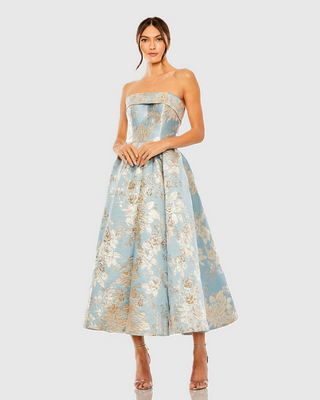 TS Mac Duggal Blue Strapless Brocade Midi Dress with Pockets