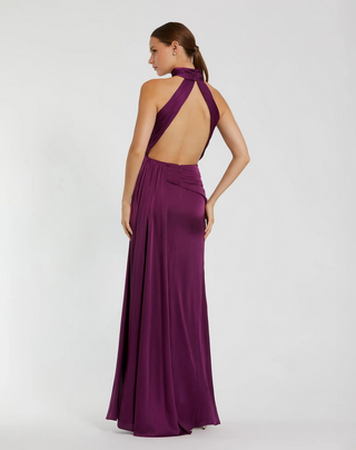 TS Mac Duggal Purple Open Back High Neck Side Ruched Gown