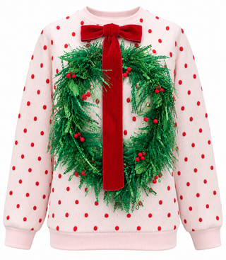 Queen of Sparkles Light Pink & Red Polka Dot Wreath Neck Knit Sweater