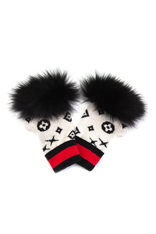 Mitchie's White Monogrammed Fingerless Gloves / White & Black