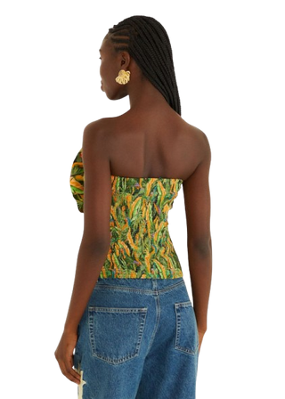 Farm Rio Parrots Forest Green Smocked Strapless Top