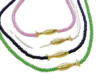 Monkee Collection Lucky Fish Beaded Necklace in White