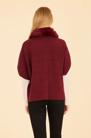 Dolce Cabo Faux Fur Collar Short Sleeved Maroon Cardigan