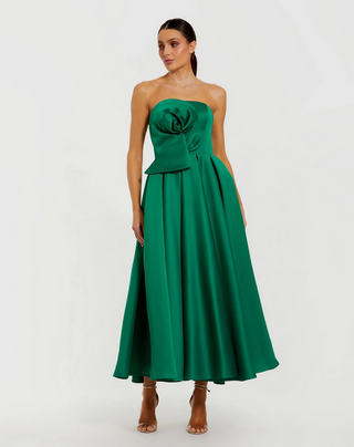 TS Mac Duggal Green Strapless Satin A Line Midi Dress With 3D Flower