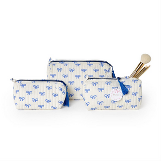 Two's Company Medium Coquette Bow Block Printed Cotton Quilted Cosmetic and Accessory Bags Lined in a Waterproof Material
