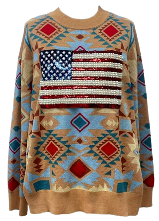 Queen Of Sparkles USA Flag Aztec Print Knit Cardigan