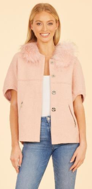 Dolce Cabo Faux Fur Trimmed Cocoon Cardigan in Blush