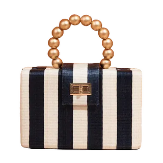 Soli & Sun Navy Stripe Clutch Bag | Gold Bead Handle | Artisanal Luxury