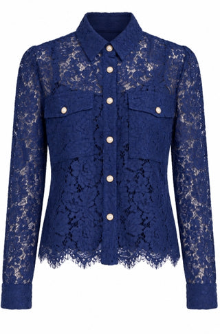Dolce Cabo Blue Floral Lace Pearl Button Longsleeve Blouse