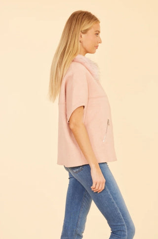 Dolce Cabo Faux Fur Collar Short Sleeved Blush Cardigan