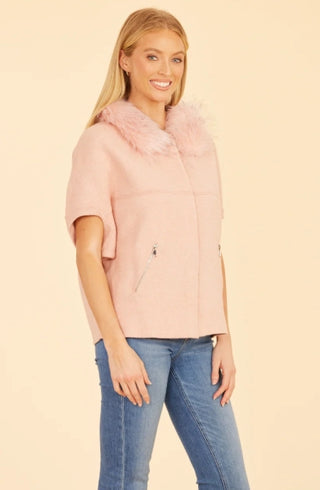 Dolce Cabo Faux Fur Collar Short Sleeved Blush Cardigan