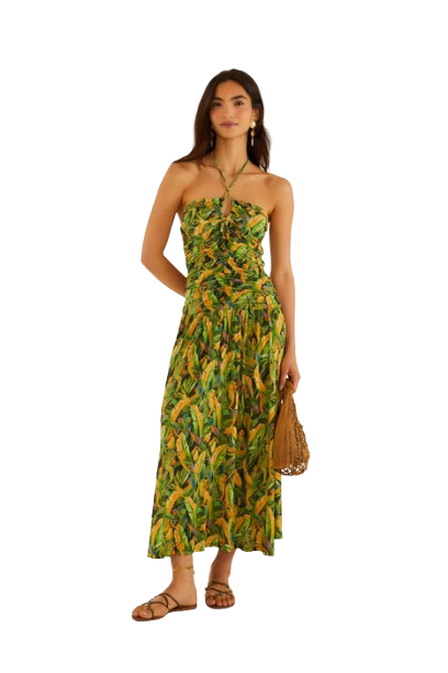 FARM Rio Women's Parrot-Print Ruched Midi Dress - Green
